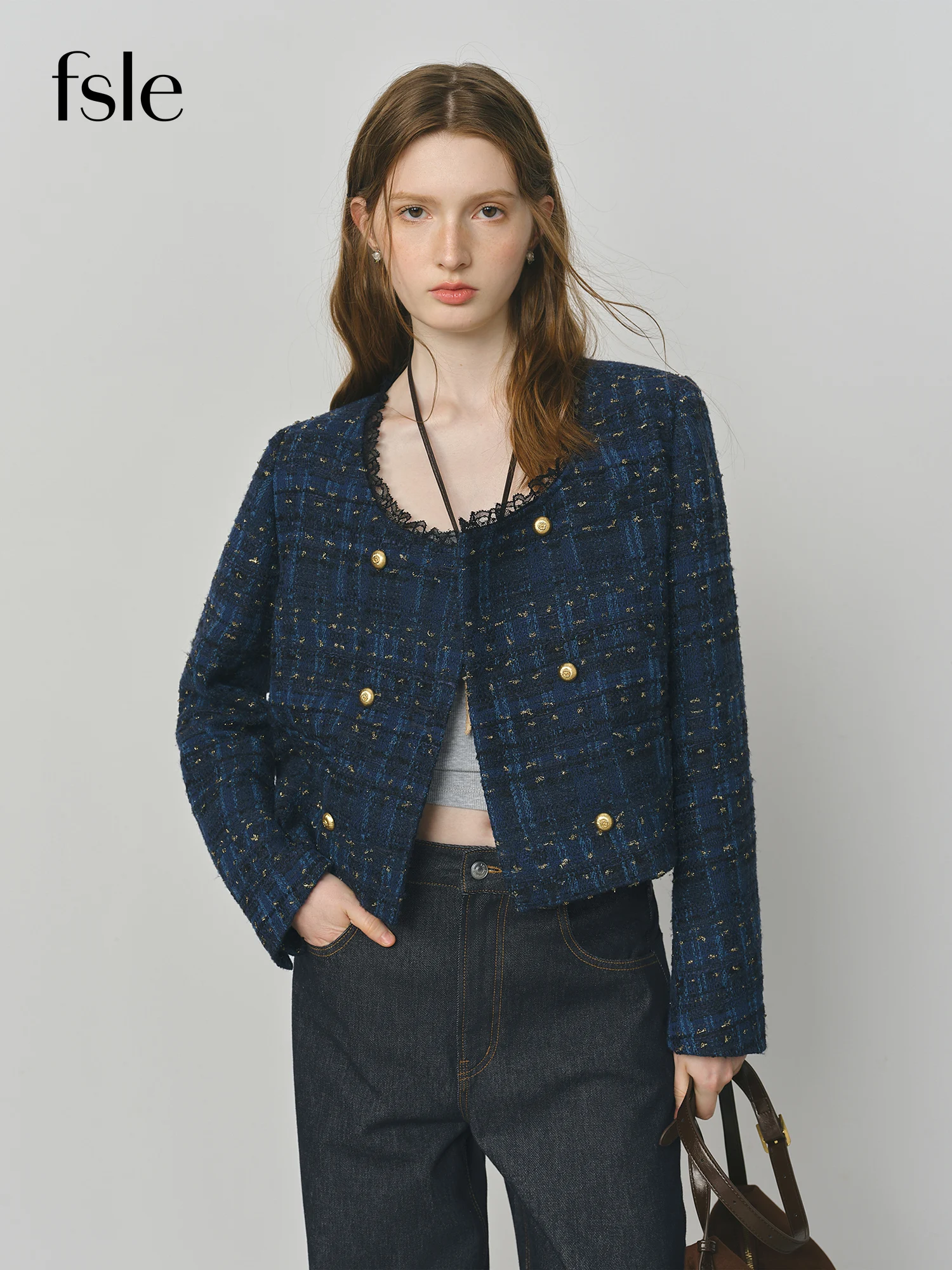 

FSLE Cropped Jacket for Women 2025 Autumn New Exquisite Lace Stitching Long Sleeve Coats Top 25FS13245