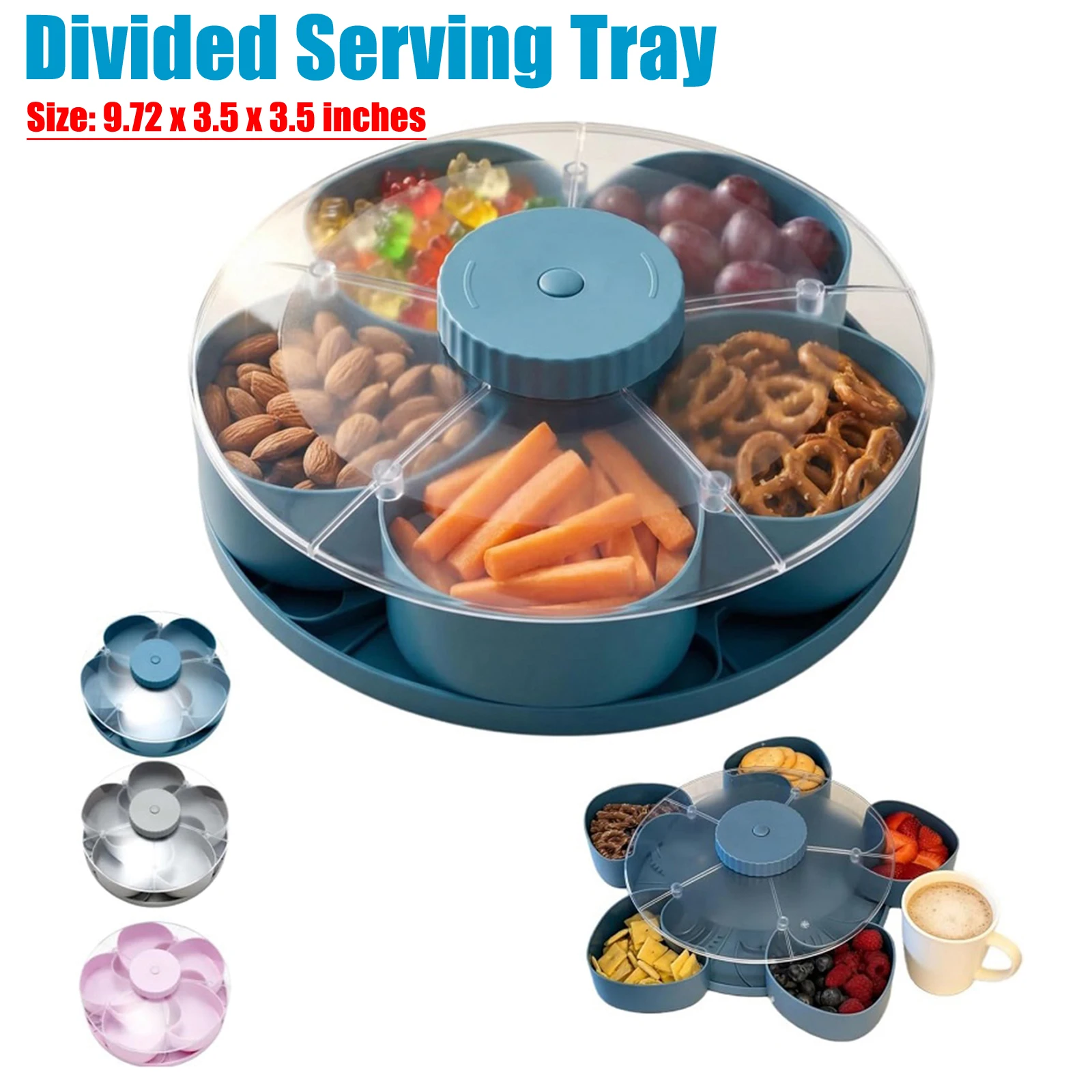 Divided Spin and Snack Serving Tray  with Lid Large Veggie Fruit Container Anti-Slip Compartment Charcuterie Board for Kitchen