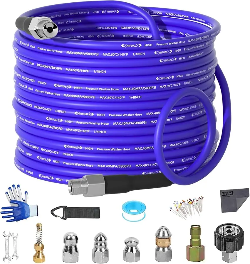 

NIFUAL 50FT Sewer Jetter Kit for Pressure Washer, 5800PSI Pressure Drain Cleaner Hose 1/4 Inch NPT Corner, Rotating and Button H