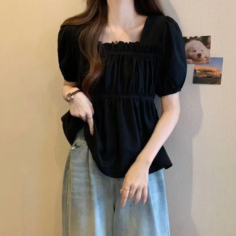 Pleated Loose Black All-match Youth Blouse Summer New Short Sleeve Solid Color Casual Shirt Tops Sweet Fashion Women Clothing