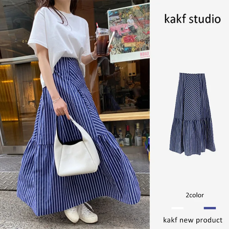 Chic Summer Coreano Sle Vita alta Patchwork a righe Casual Versatile Gonna lunga a trapezio Effetto dimagrante Design alla moda