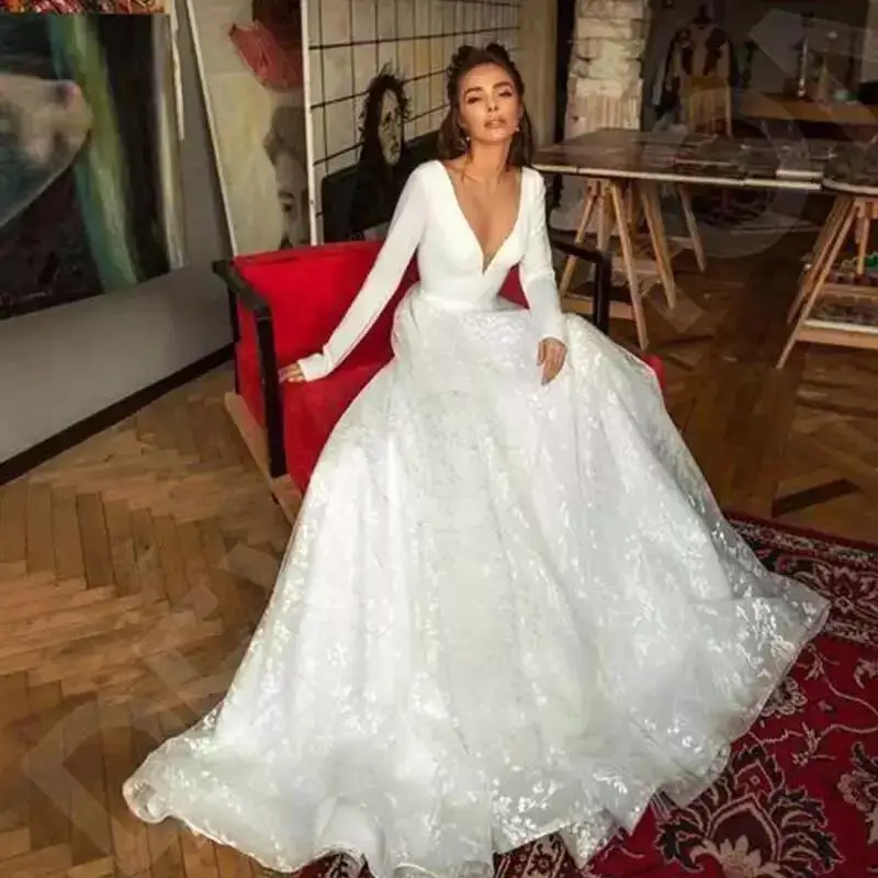 Flavinke Boho Lace Wedding Dresses Long Sleeve V-neck Bridal Gowns Backless White Vestido de noiva Plus size robe de mariée 2025