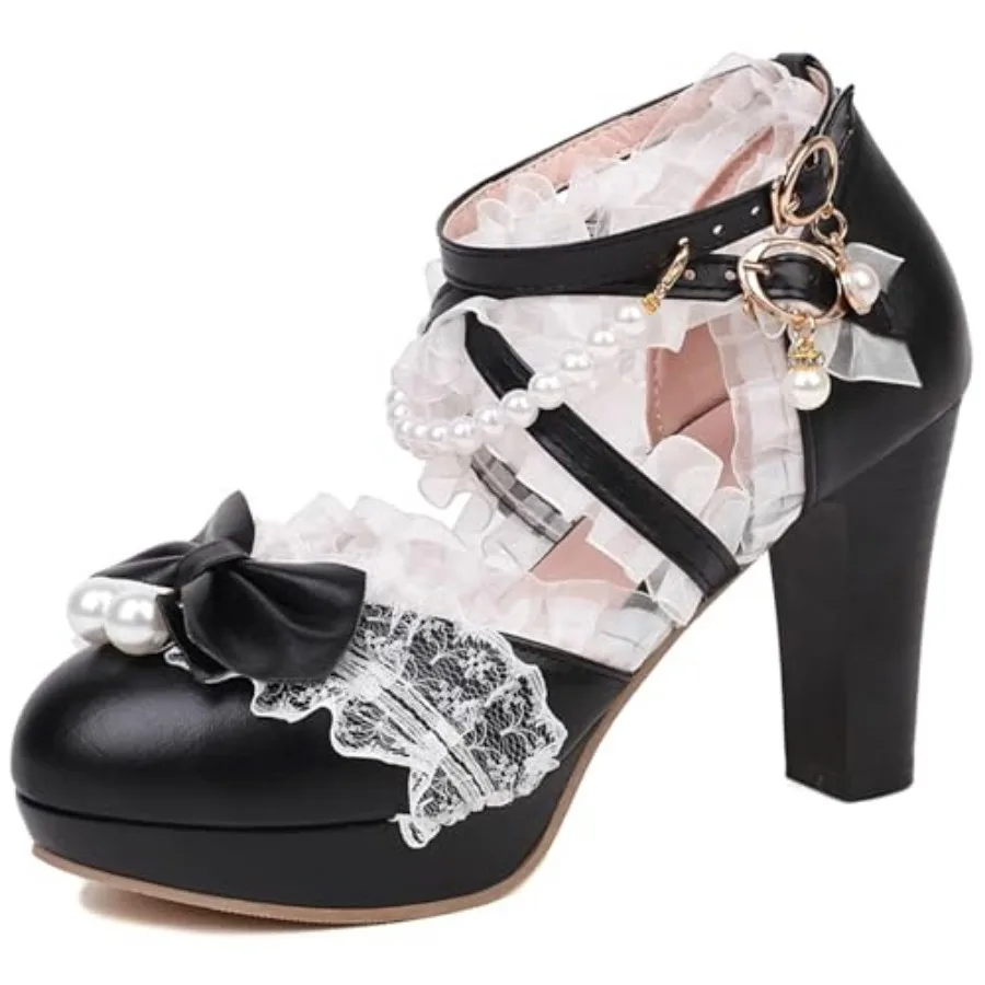 

FOREADA Kawii Shoes Bow Pearl Heels Lolita Platform Heels for Women Lace Cute Mary Janes Pumps