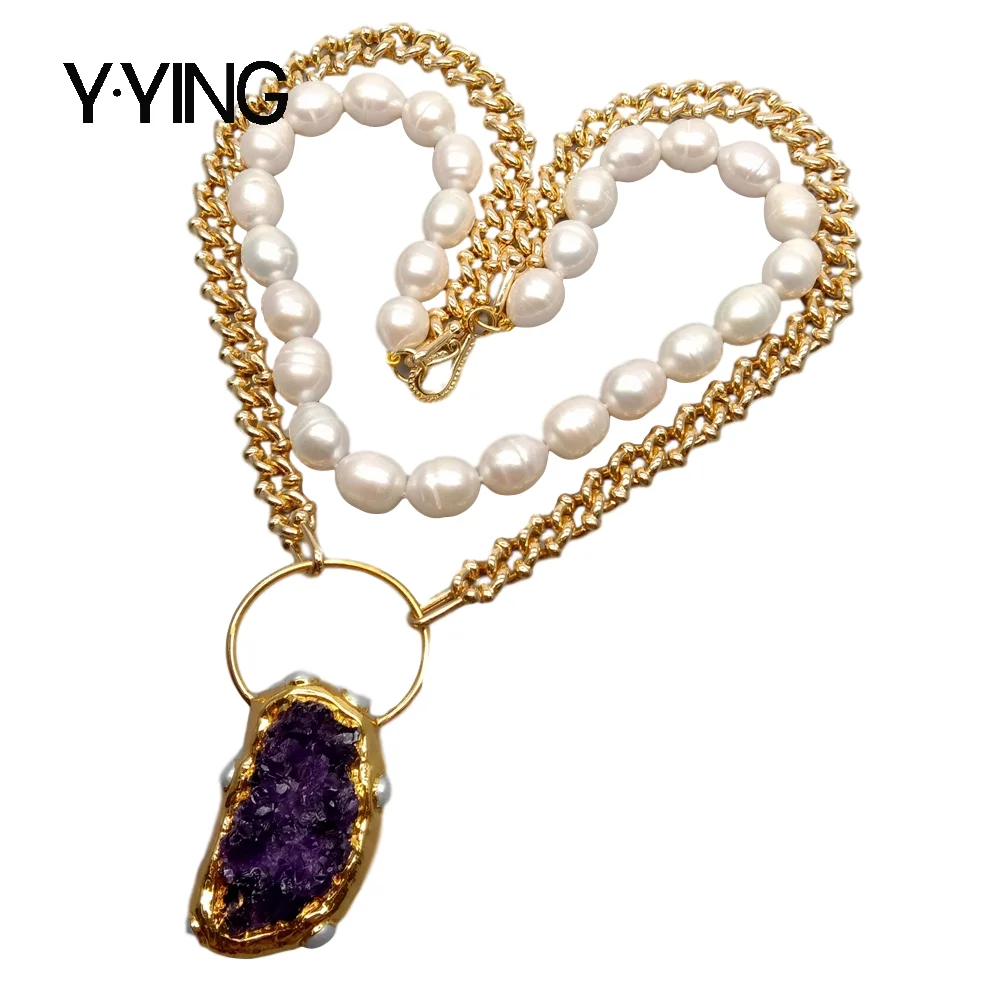Y·YING natural Freshwater White Rice Pearl Chain Necklace Purple Amethyst Druzy Pendant 17