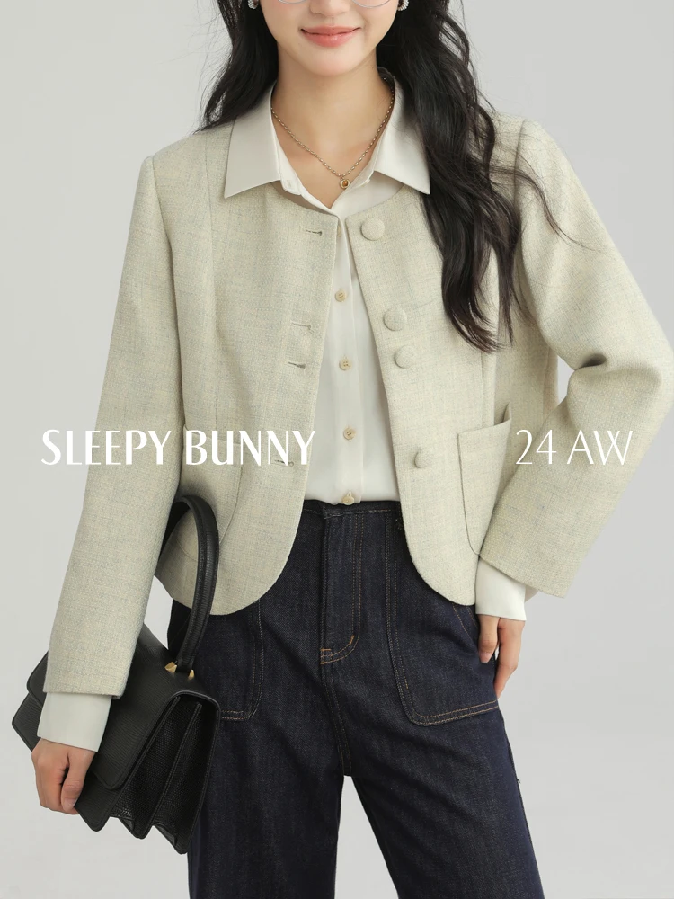 

French Style Tweed Short Jacket Women Elegant Round Neck Blazer Shoulder Pads Slim Fit Casual Outerwear Office Daily Chic Looks