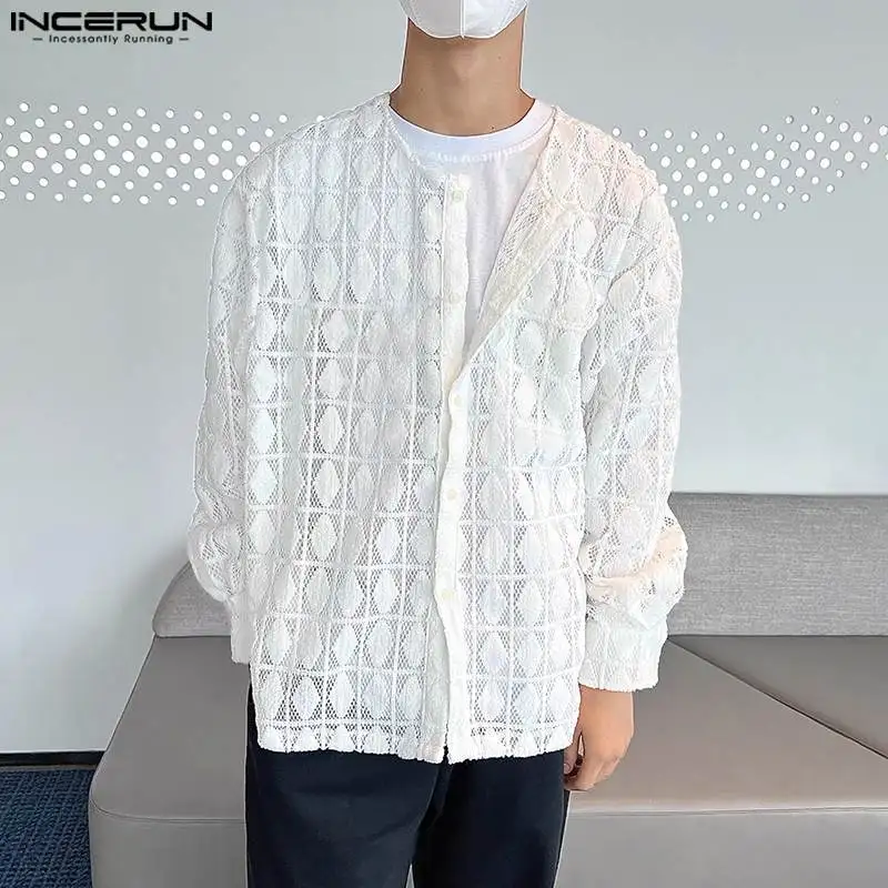 INCERUN Tops 2024 Korean Style Handsome Men's Hollow Knitted Design Shirt Casual Streetwear Male Solid Long Sleeved Blouse S-5XL