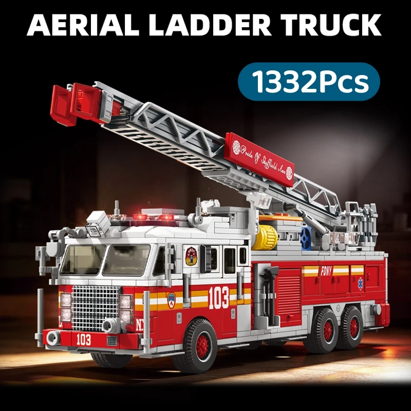 1332PCS American Classic Retro American Fire Ladder Toy Building Set With 8 Pieces In Scale - Aerial Ladder Extendable