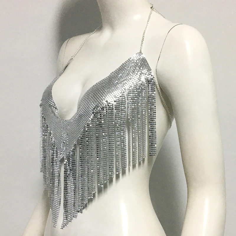 Großhandel Frauen Crop Top V-ausschnitt Quaste Metall Leibchen Weste Nachtclub Mädchen Kurze Tank Tops Bodycon Mode Schmuck Y2K Kleidung – Detail 7
