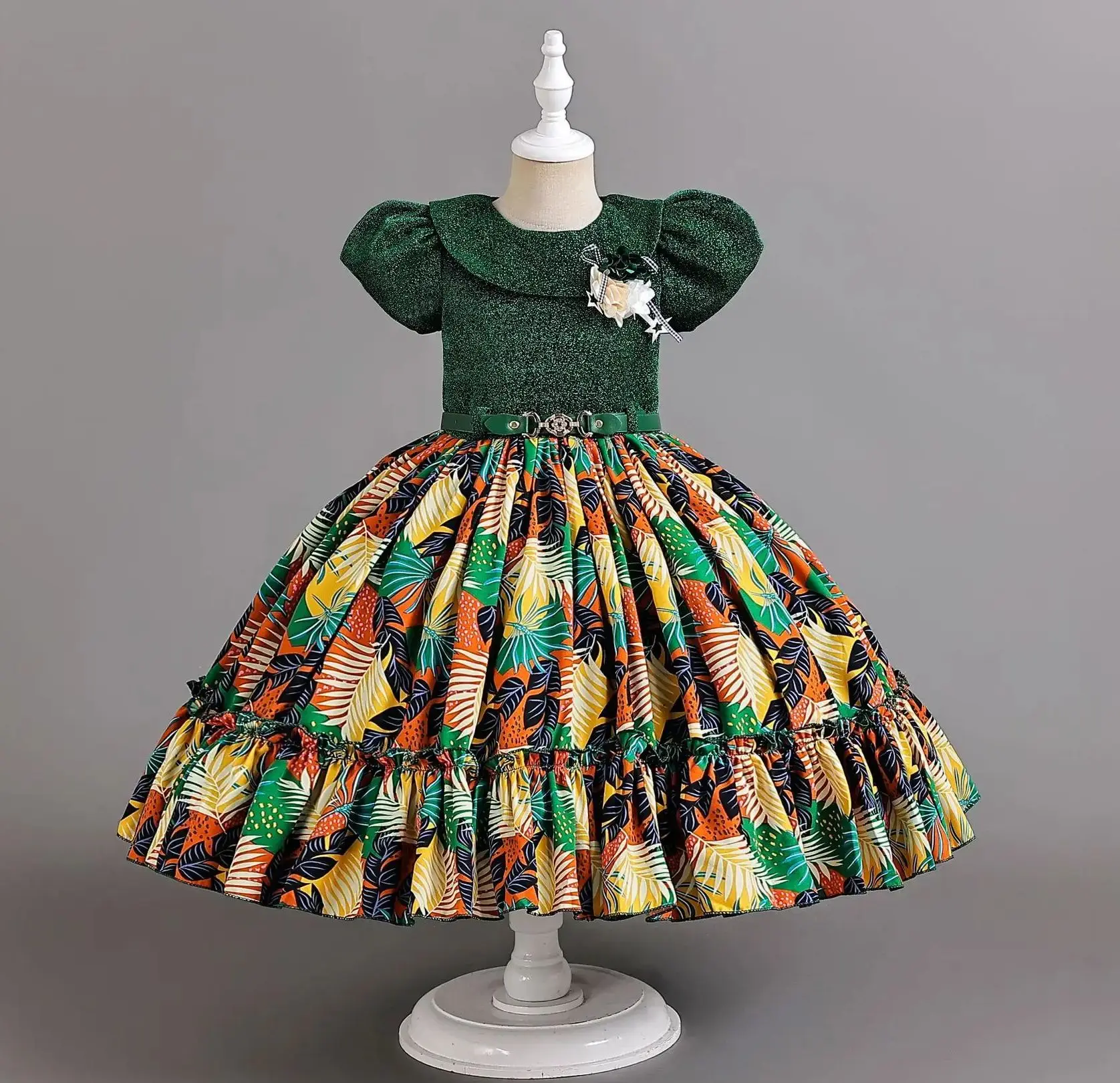 New Girls Communion Party Dresses Girl Print Dress with Belt Kid Christmas Clothes Fashion
