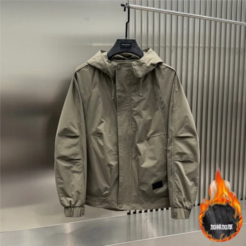 QICHE 2026 Men Hooded Windproof Jacket, Autumn Winter Cotton Padded Thick Warm Workwear Shell Coat