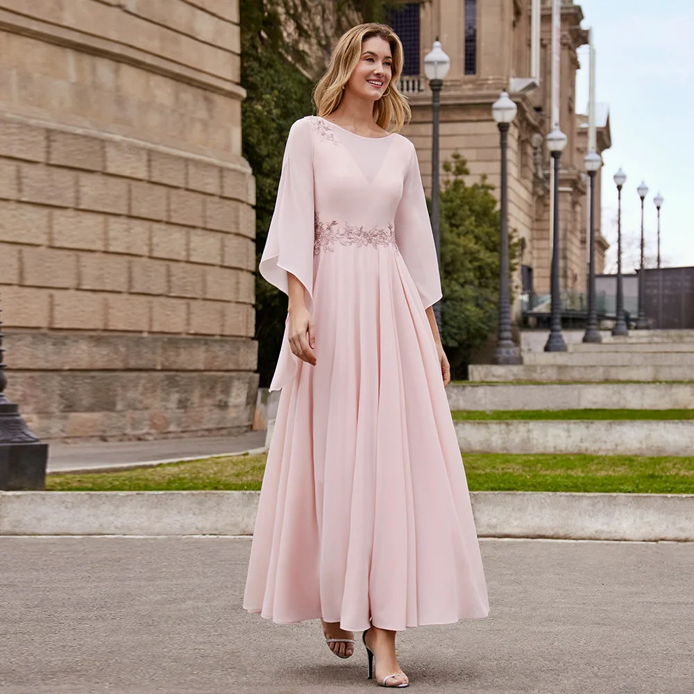 Moden Pink Mother of the Bride Dresses Jewel Neck 3/4 Sleeves Appliques A-Line Ankle-Length Chiffon Wedding Party Gowns 2023