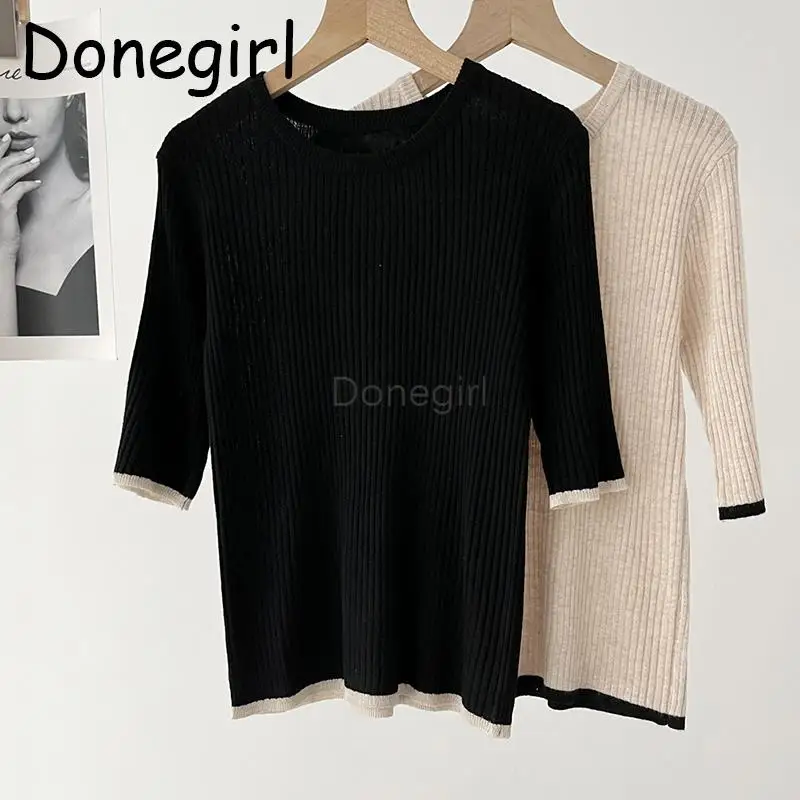 Donegirl 2024 New Summer Women Fashion Round Neck Half Sleeve Knitted T-shirt Pullover Solid Simple Slim Tops Tees Female Chic