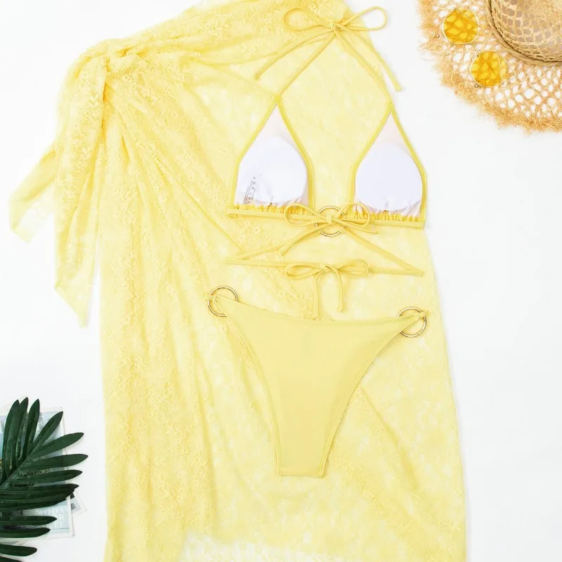 Women Sexy Bikini 3 Piece Set Metal Rings Lace Up Halter Padded Bra + Briefs + See Through Lace Maxi Skirts Vacation Beach Suit view 3