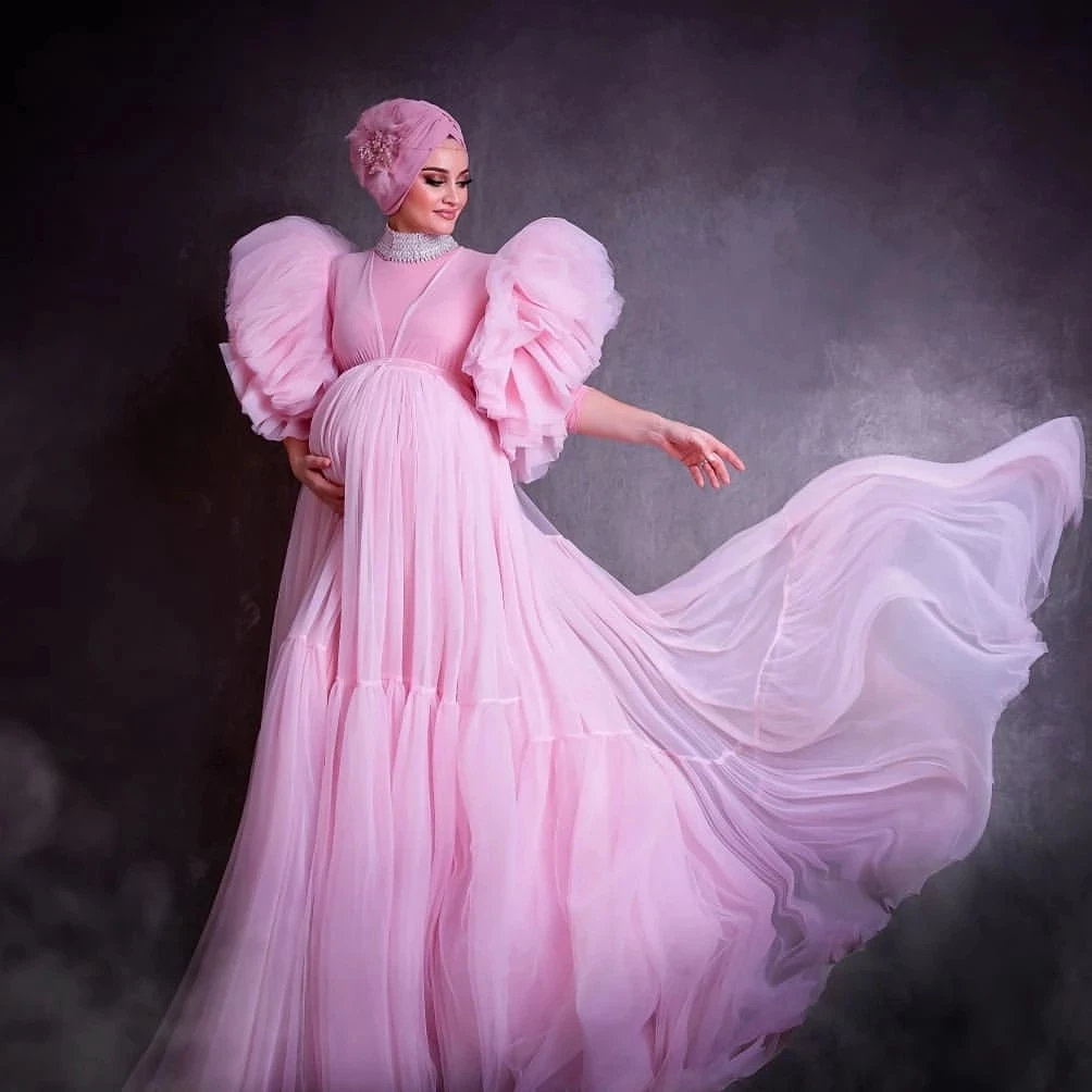 Elegant Arabic Muslim Pink Tulle Maternity Dresses for Photo shoot Long Sleeves High Neck Pregnancy Gown Babyshower Robes Liner