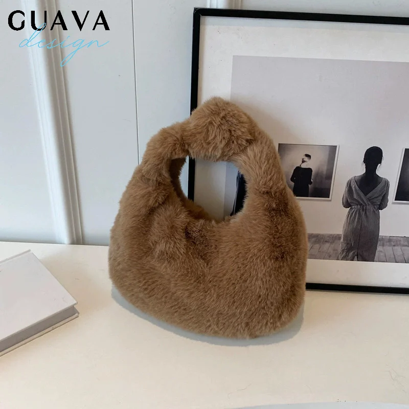 

Fur Handbags Women's Small Half Moon Bag Warm Plush Wrist Bags Fashion Furry Short Handle Clutch Ladies Shoulder Bags