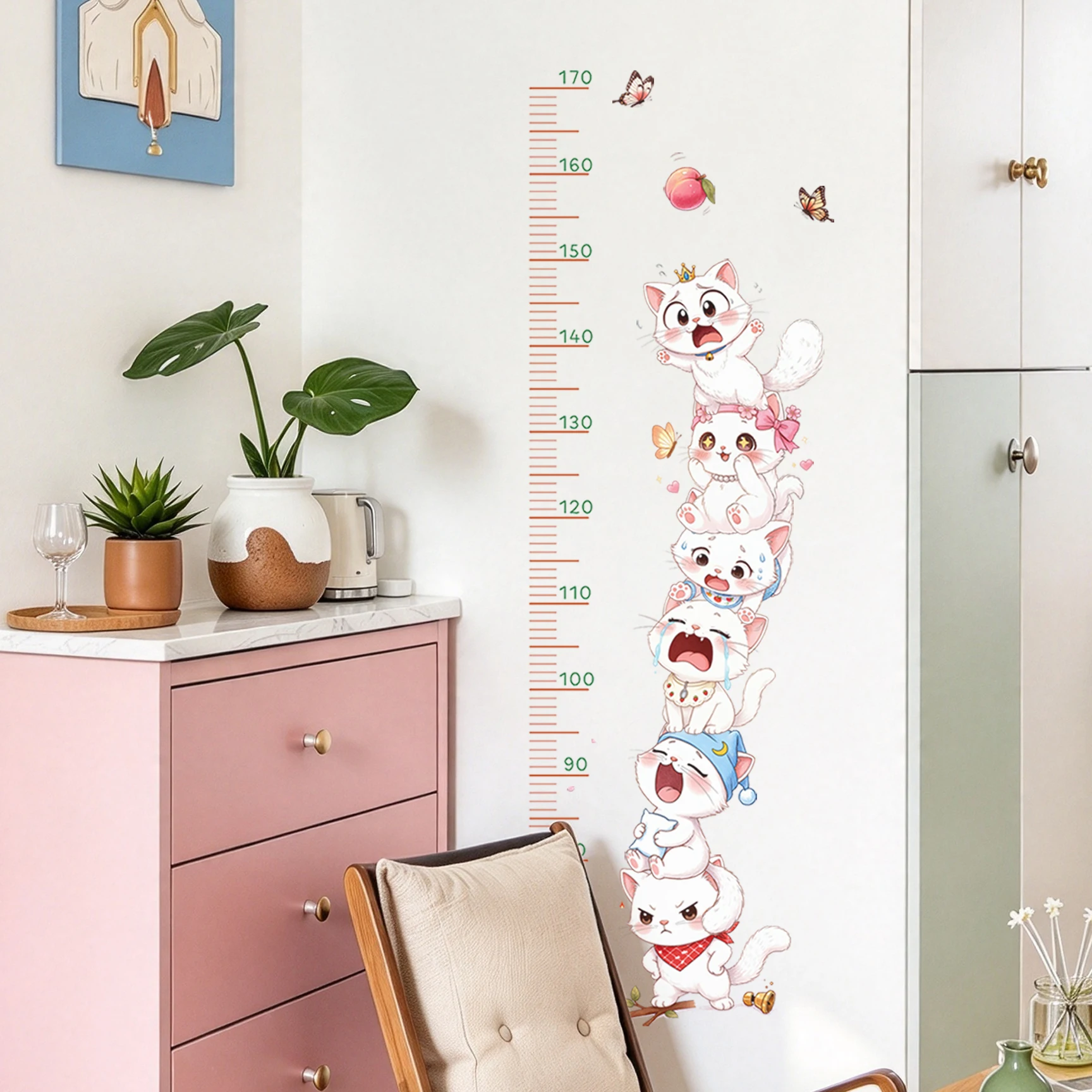 Cute Stacked Cat Height Chart Wall Sticker Kids Growth Measure Ruler Decal Peach Butterfly Nursery Bedroom Wall Decor
