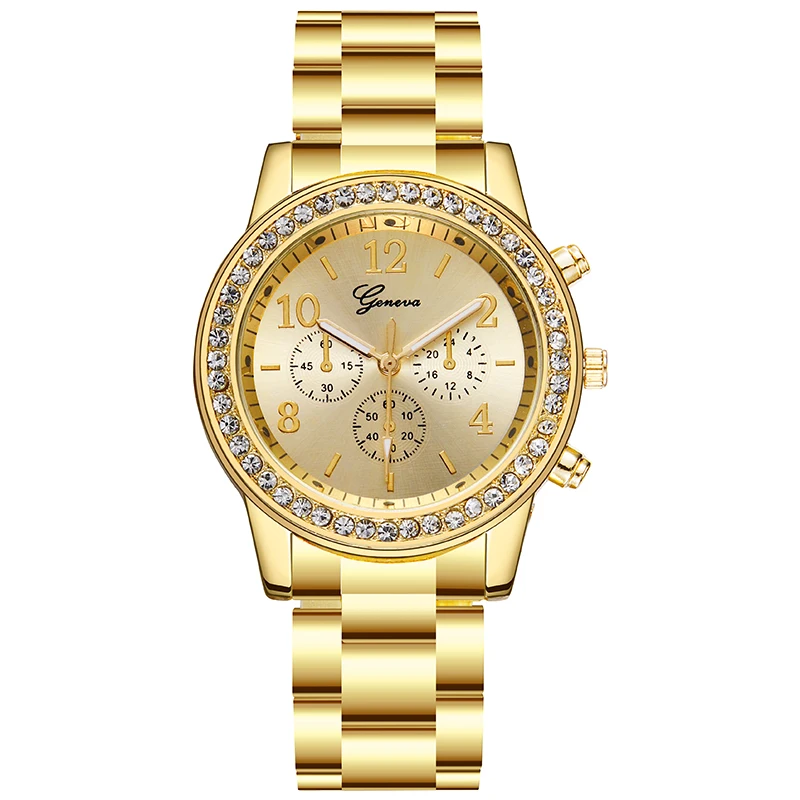 fashion Geneva style rhinestone stainless steel quartz women watch