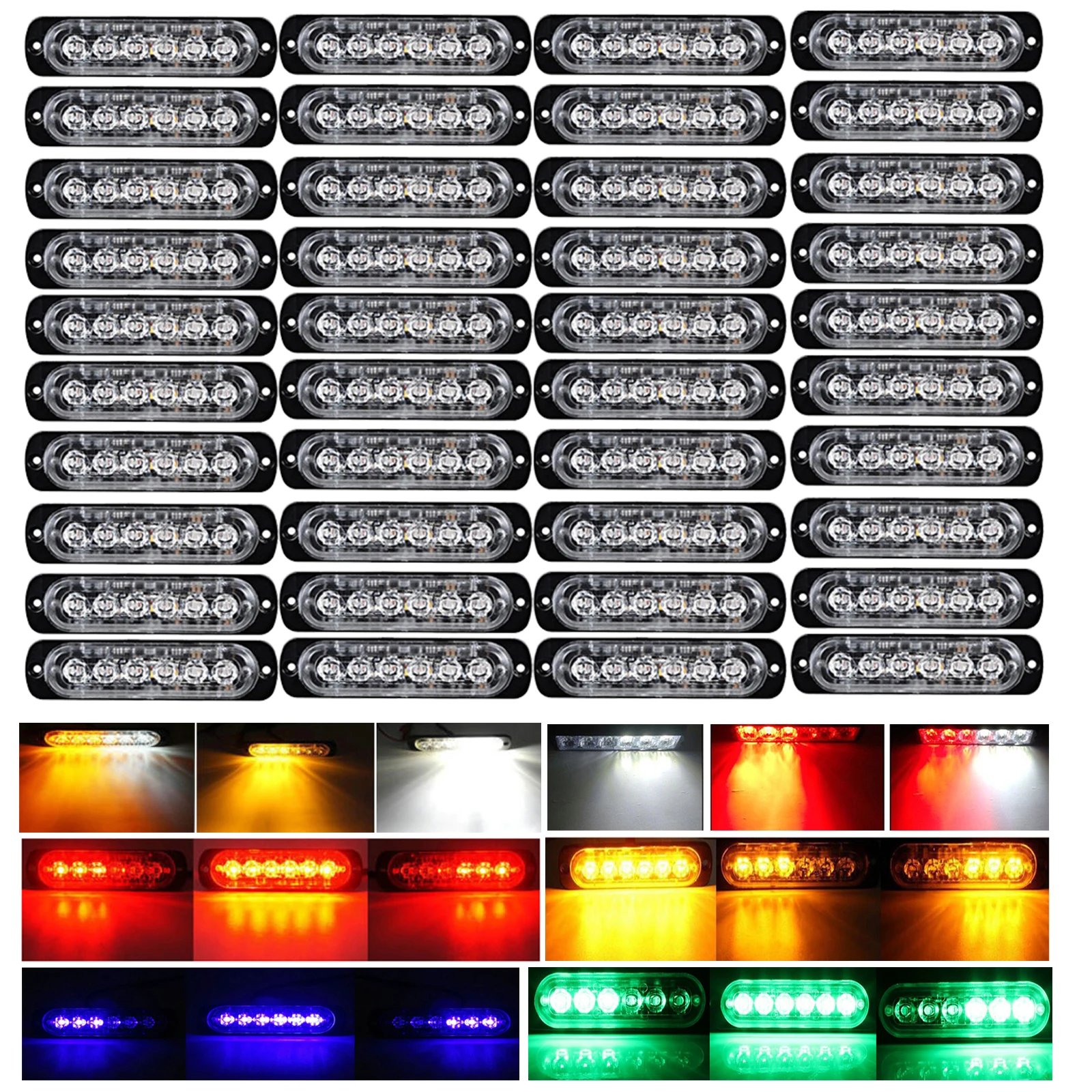 

40pcs 6 LED Light Flash Emergency Car Truck Warning Beacon Light Bar Hazard Strobe Light 12V 24V Amber Red Blue Green White