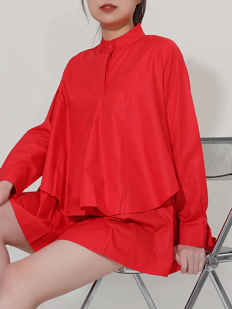 [EAM] Women Red Irregular Double Layers Big Size Blouse New Lapel Long Sleeve Loose Shirt Fashion Spring Autumn 2024 C006113