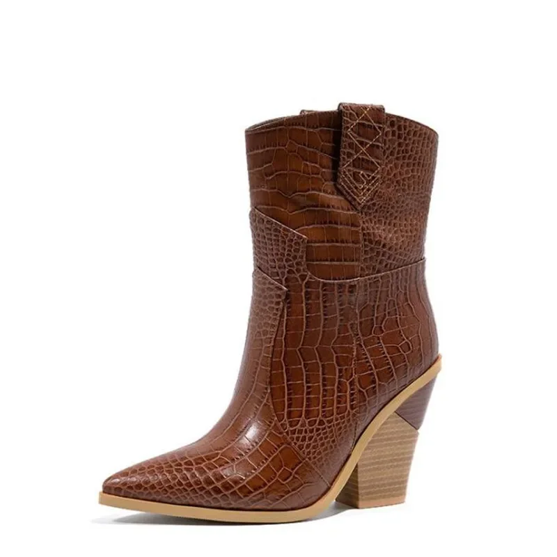 Bianco Beige nero giallo stivaletti da Cowboy in ecopelle per donna stivali con zeppa tacco alto stampa serpente stivali da Cowgirl occidentali 2023