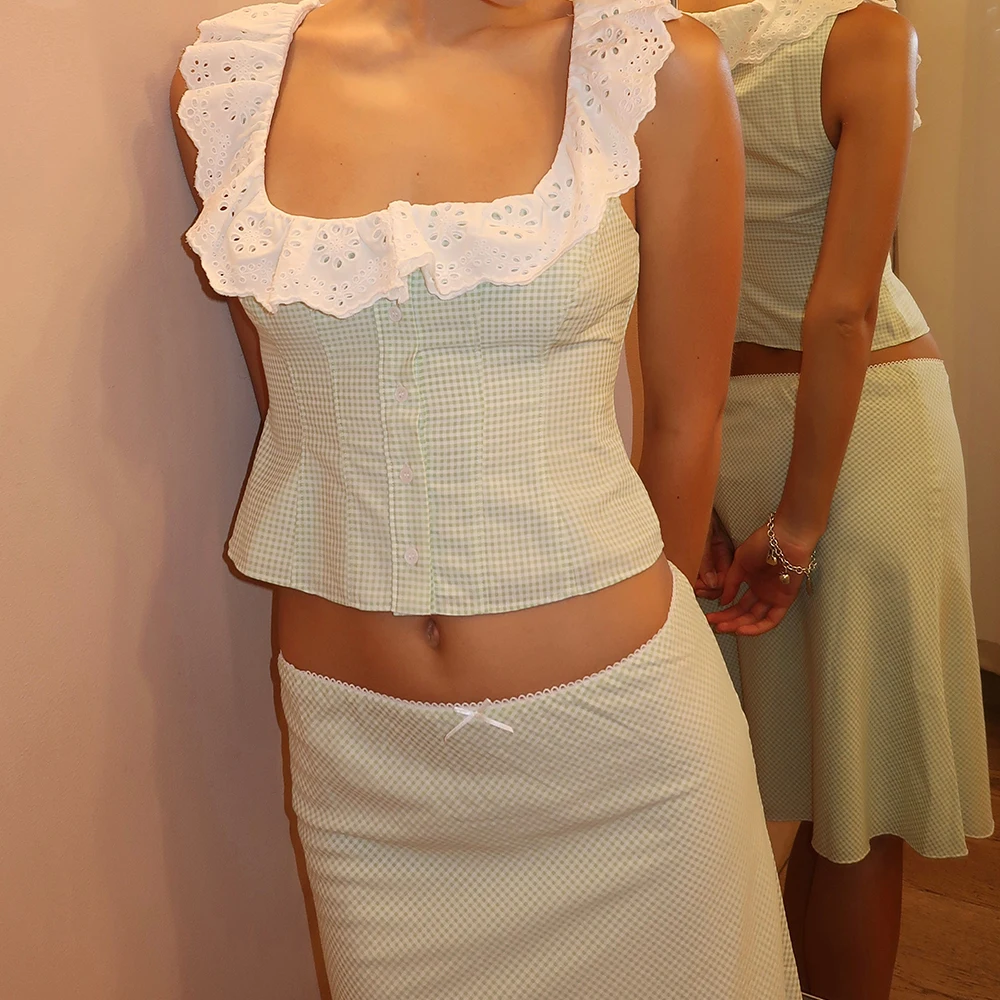 Vrouwen Kawaii Zoete Kant Bloem Holle Tanks Tops Hemdje Ruches Plaid Print Knop Slim Fit Fairycore Harajuku Cropped Vesten