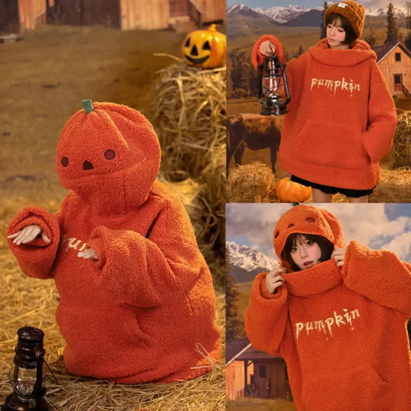 Halloween Pumpkin Shaped Hoodie Women Round Neck  Lamb Plush Decorated Embroidery Autumn Hooded Sweatshirt Cute Pullover Tops