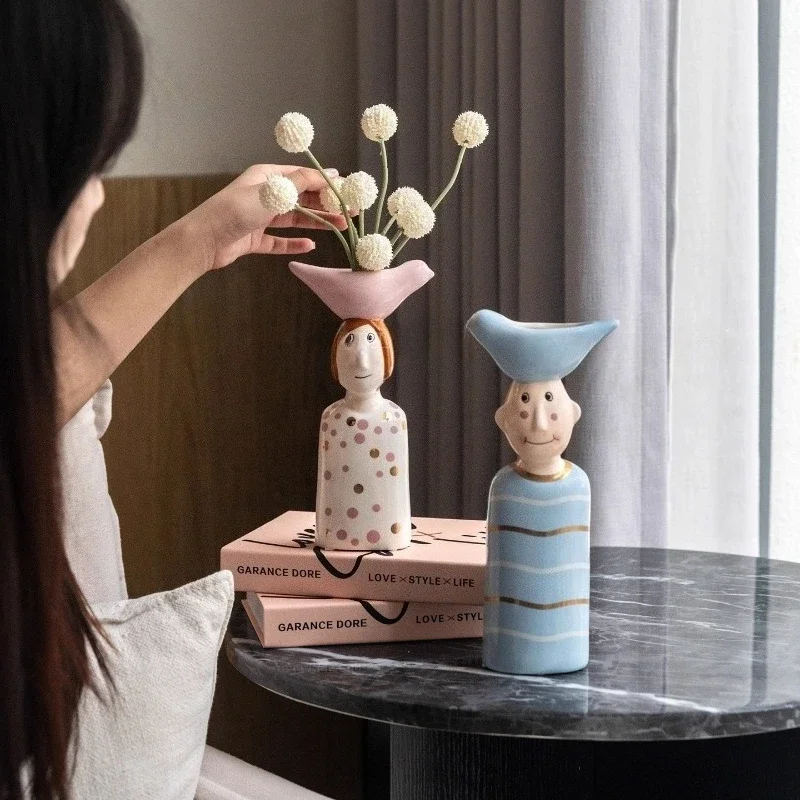 Nordic style cartoon character ceramic vase creative home decor living room office desktop flower arrangement decoration gifts