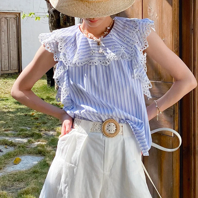 

French Style Summer Striped Blouse Shirt Women's Blue White Ruffle Lace Trim Sleeveless Hollow Out Embroidery Casual Ladies Tops