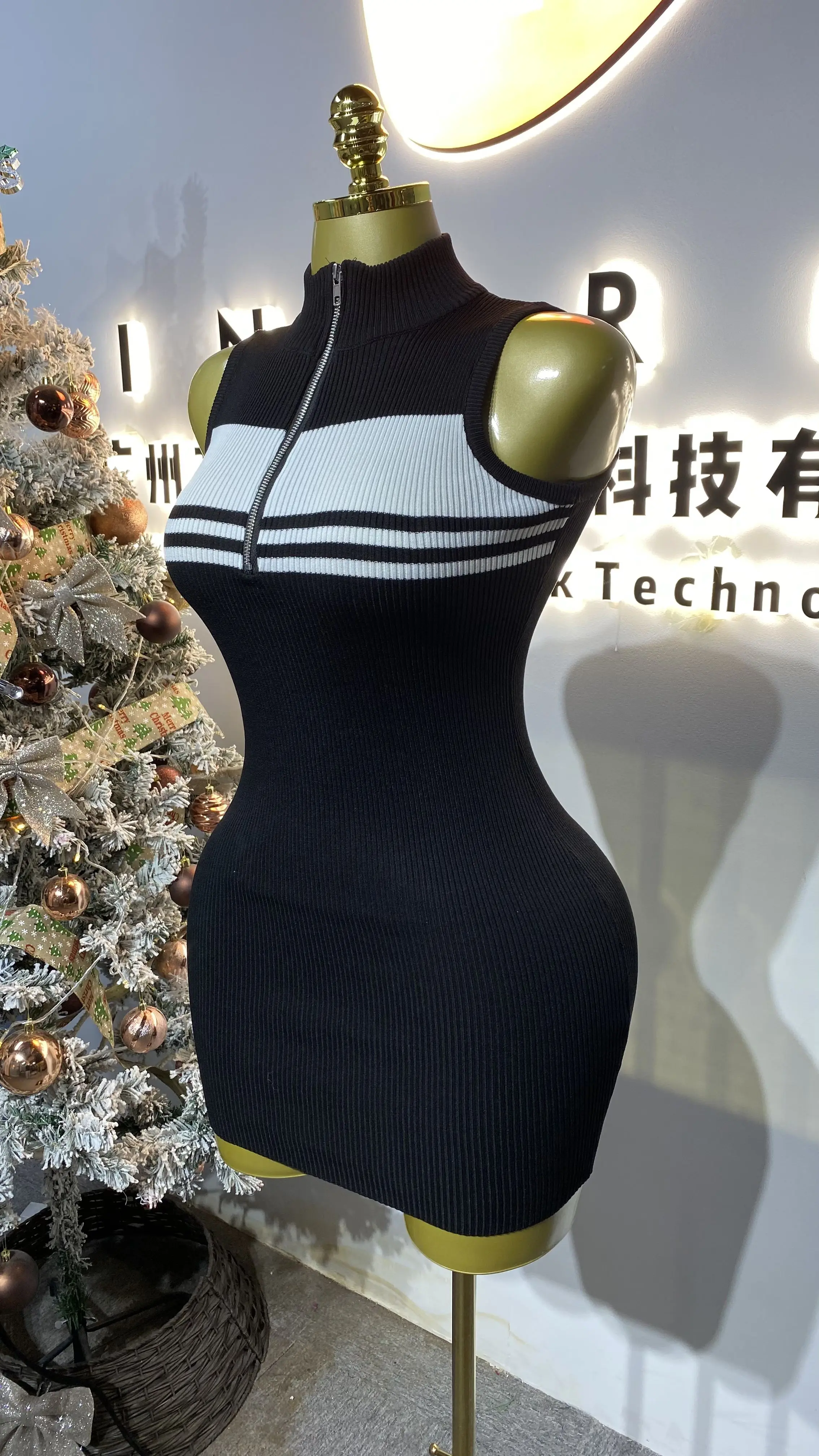 مخطط محبوك سترة بلا أكمام فستان قصير مثير سليم صالح الورك مطاطا سستة التفاف اللباس-GZXX226