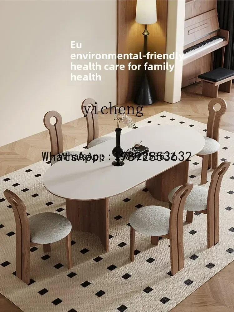 

YZ retro solid wood rock slab dining table and chairs ash wood oval high-end medieval dining table