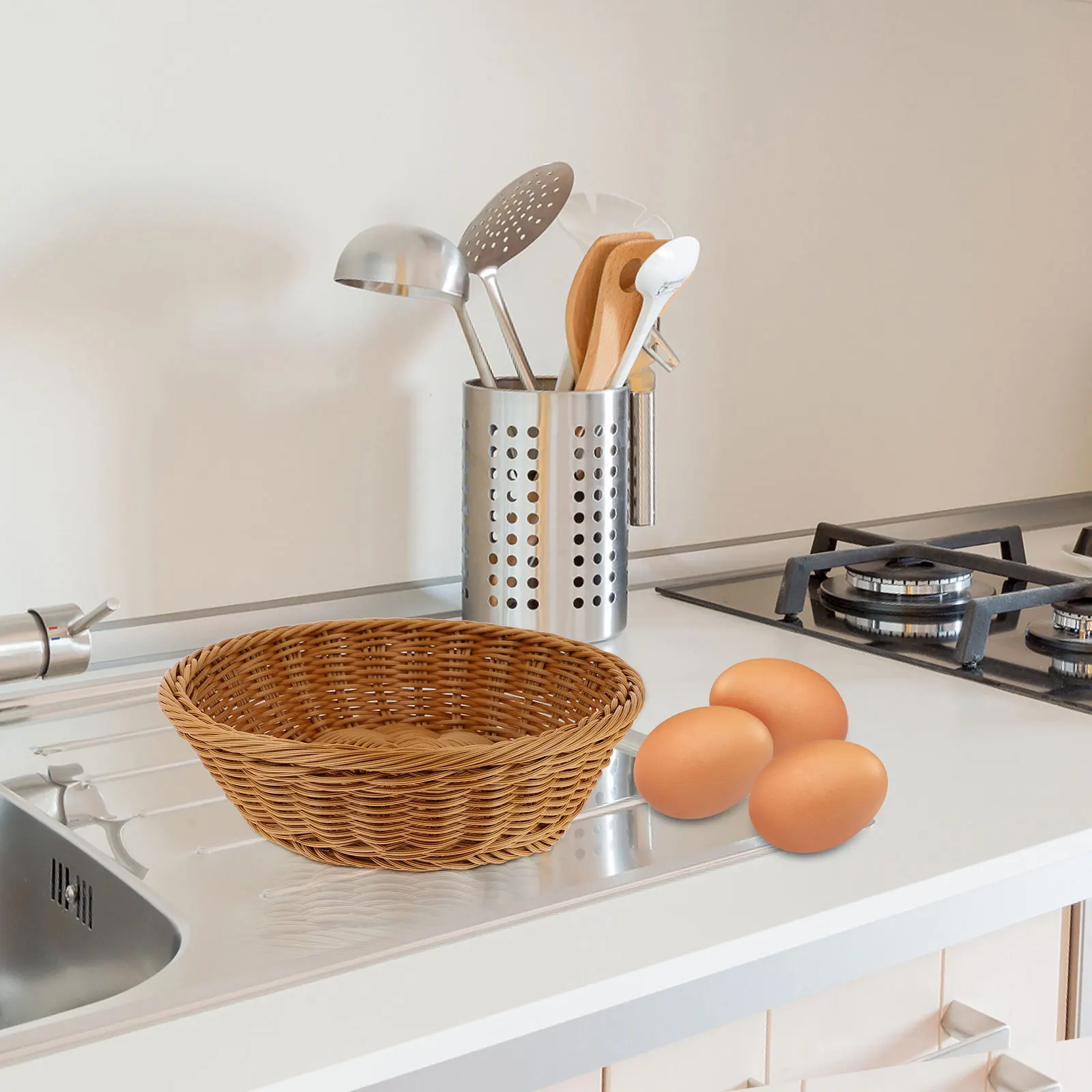 

1pc Storage Basket Rattan-Like Design Fruit Bread Snack Organizer Hollow Drainage Kitchen Pantry Food Holder Reusable