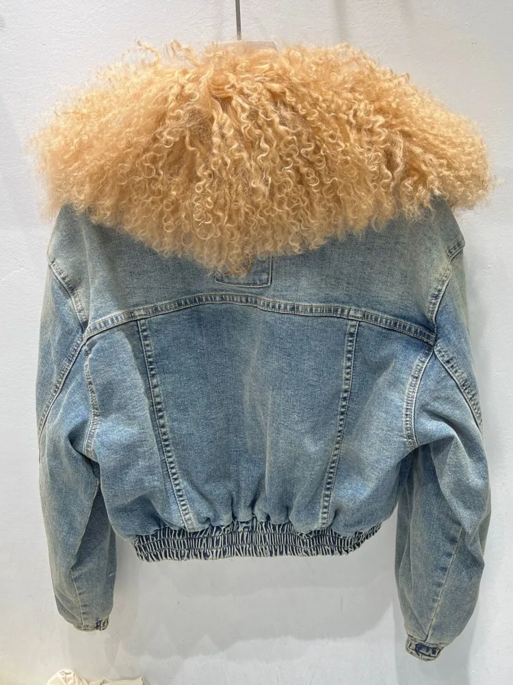 Women Vintage Denim Jacket Faux Fur Collar Autumn Winter Padded Liner Short Coat High Street Female Loose Fit Casual Outerwear