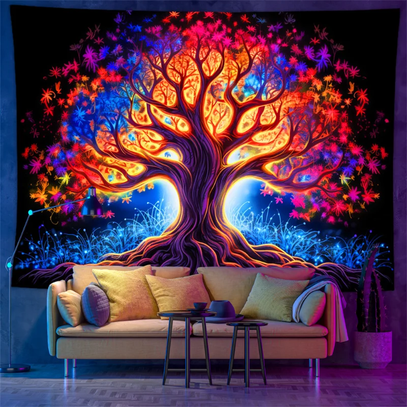 VIKAMA Psychedelischer UV-Wandteppich Pilz Lebensbaum Druck Schwarzlicht Wandbehang Böhmische Heimdekoration