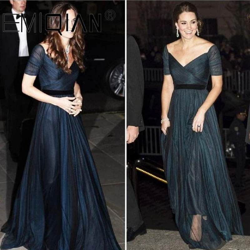 Kate Middleton A Line Celebrity Dresses Prom Dresses Ink Blue Sweetheart Off Shoulder Ruched Tulle Evening Dress with Belt