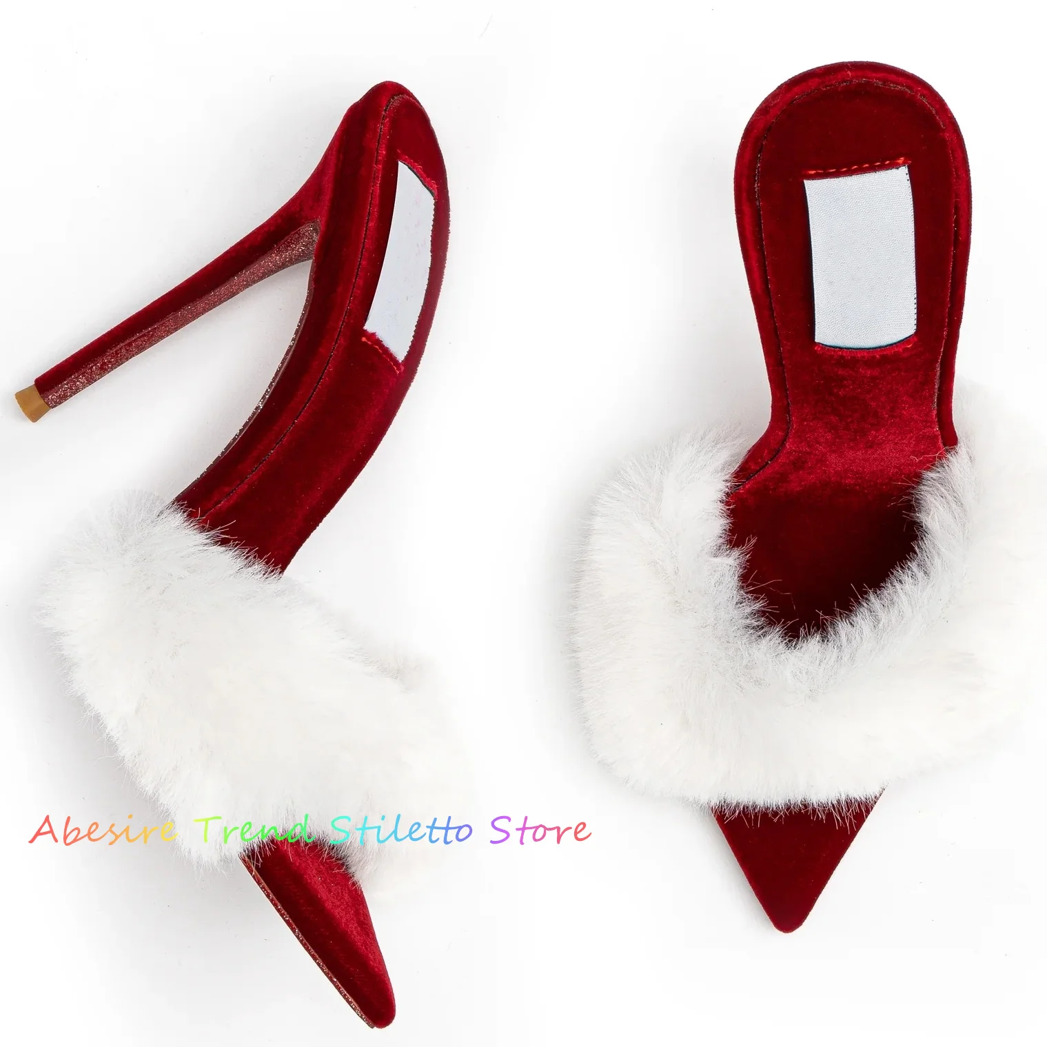 

White Furry Red Velvet Mules Women Pointed Toe Thin High Heel Shoes Sexy Stiletto Party Dress Slippers Ladies Trending Sandals