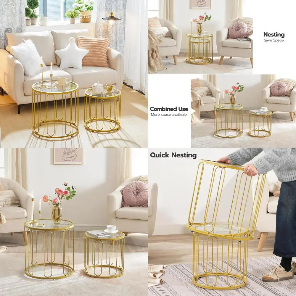 

Pair of Gold-Toned Metal Frame Coffee Tables with Round Tempered Glass Tops for Living & Bedroom Spaces