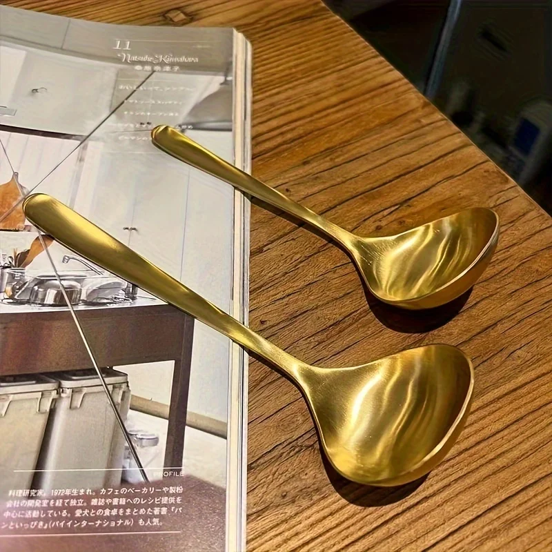 2pcs Golden Stainless Steel Large Spoons, for Hot Pot, Soup, Porridge - Long Handles, Elegant Kitchen & Dining Utensils,Spoon
