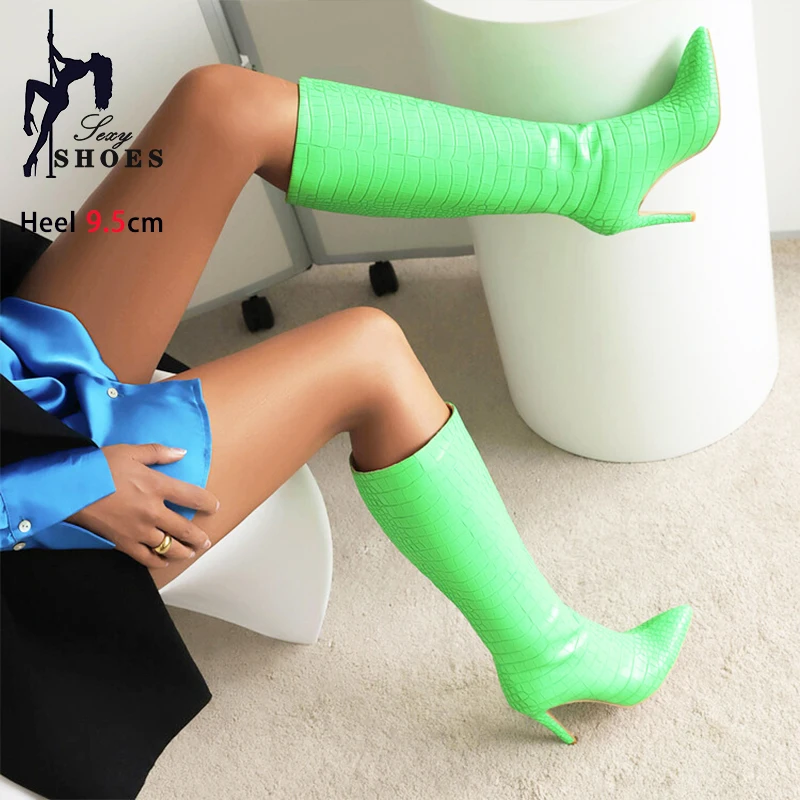 Green Long Boots Nightclub Women Boot Thin High Heels Knee High Boots Elegant Lady Pointed Toe Party Shoes Plus Size 43 44 45 46