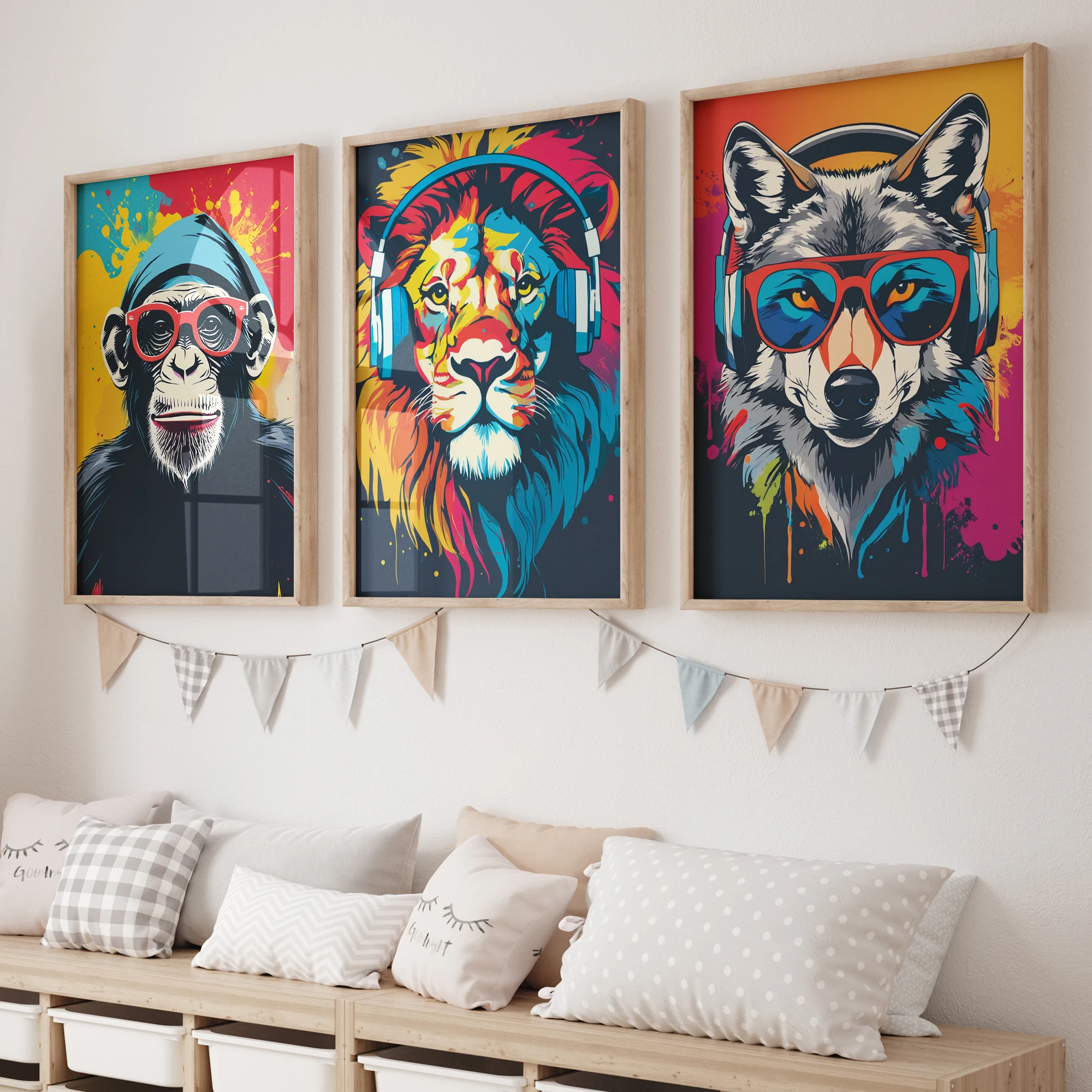 Modernes 3-Spiel-Graffiti, Orang-Utan, Löwe, Hund, Wandkunst, Drucke, Leinwandgemälde, Poster, Bild für Wohnzimmer, Schlafzimmer, Heimdekoration