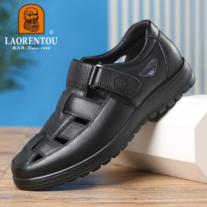 LAORENTOU genuine leather sandals, men\'s hollow and breathable perforated shoes, casual thick soled non slip leather shoes