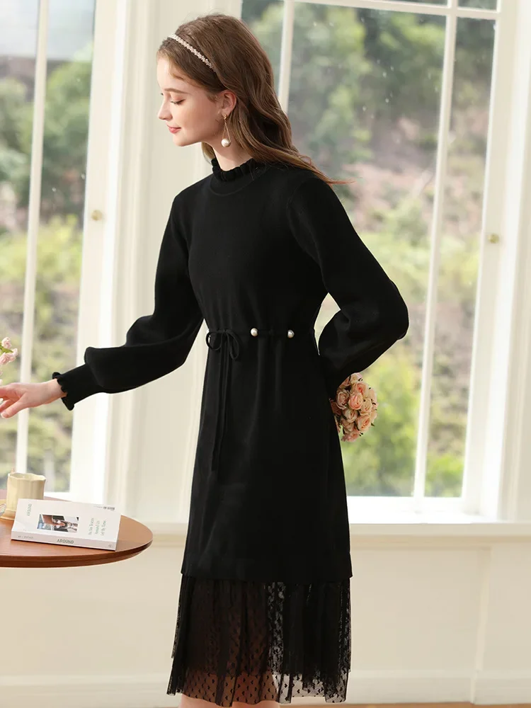 I BELIEVE YOU 2023 Petals Long Sleeve Women Sweater Dresses Winter New Lace Mesh Stitching Trendy Sweet Vestidos 2234135294