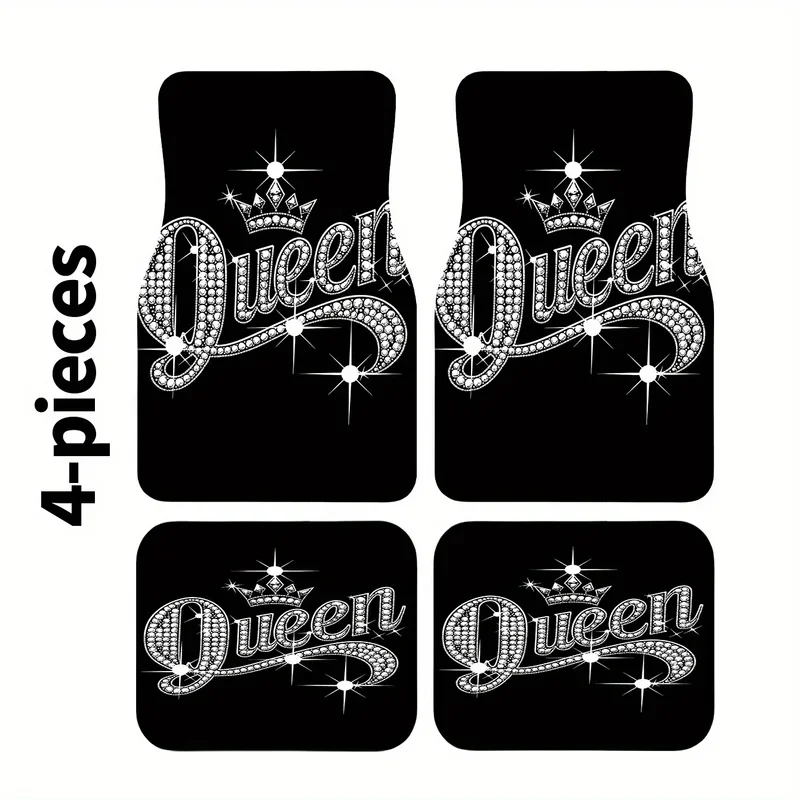 A Set Of Four Car Floor Mats Featuring A Diamond-Studded Crown Letter Design, Suitable For All Models Made Of Polyester Material