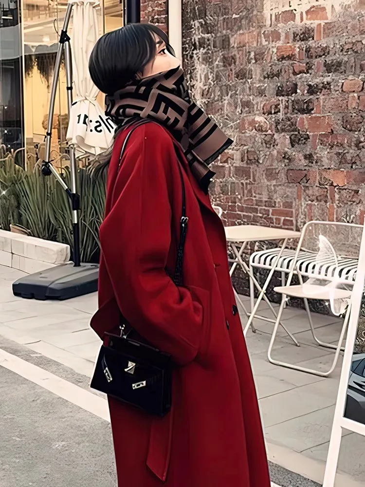 

Sli Red Woolen Coat Women's Loose Slimming Outerwear Korean Sle Button ket Detail Mid-Length Double-Breasted Coat