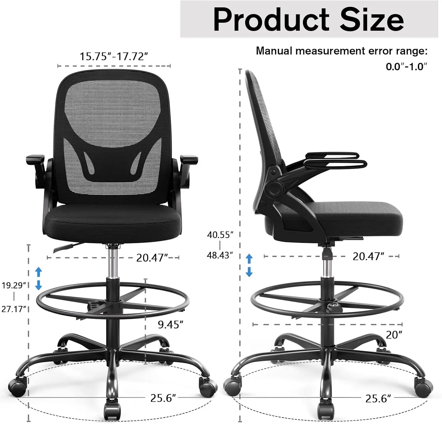Alolo 450lbs Drafting Chair Tall Office Chair for Standing Desk with Flip-up Armrests,Ergonomic High Desk Chair with Lumbar Supp