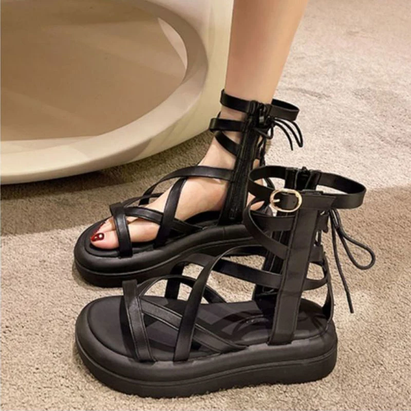 Velvet Shoes Luxury Sandals Cross 2024 Women\'s Cross-Shoes Suit Female Beige Strappy Heels All-Match Suede Fashion New Low Black