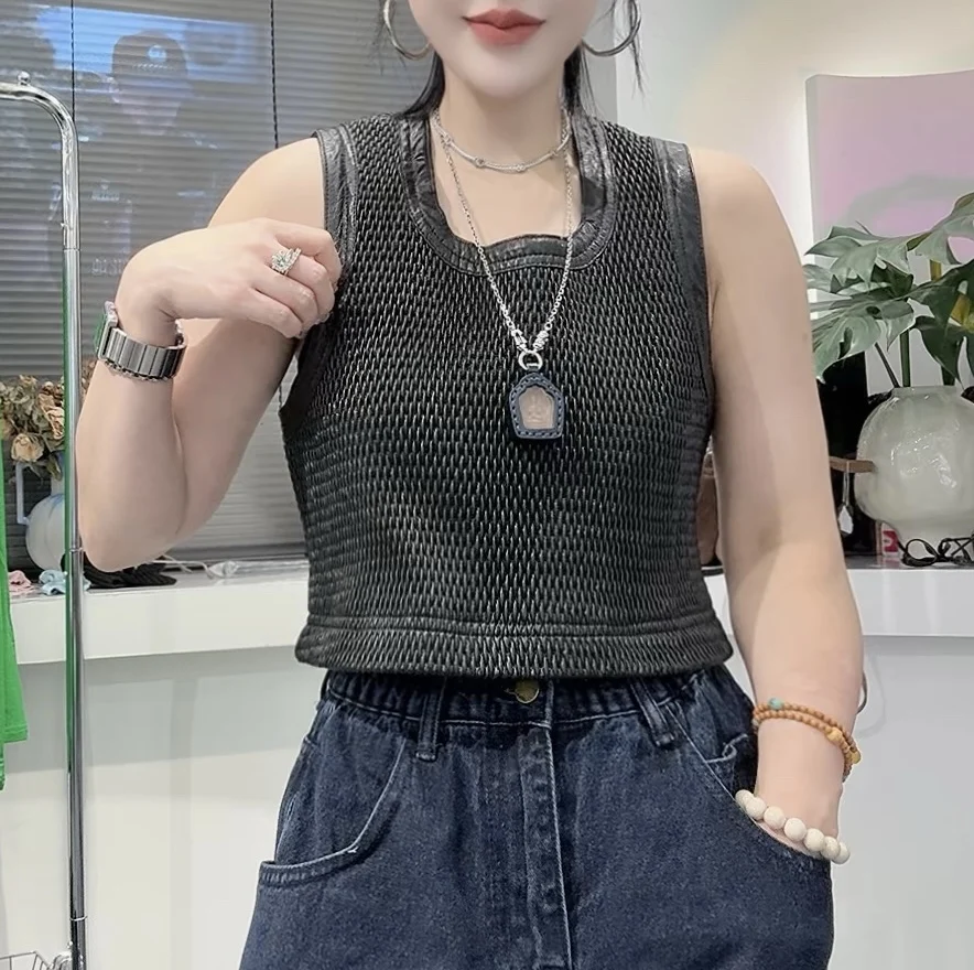 

2025 New Women's Genuine eepskin Leather Vest ort Loose round Ne Single Button Slimming Versatile Tank Top