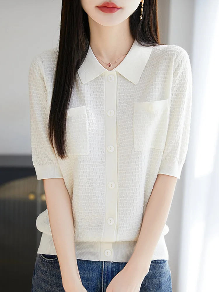 

Белый вязаный кардиган с коротким рукавом, свободный крой, воротник, летняя повседневная мягкая удобная женская кофта