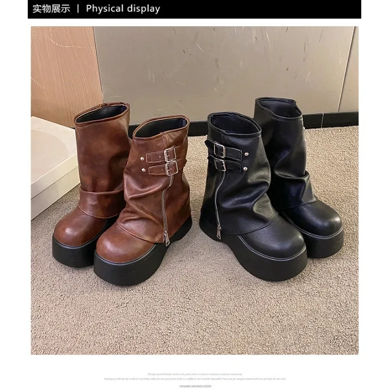 

High Platform Wedge British Booties Woman New Ladies Chunky Motorcycle 9CM Soft Leather Ankle Mid Calf Boots Winter Autumn