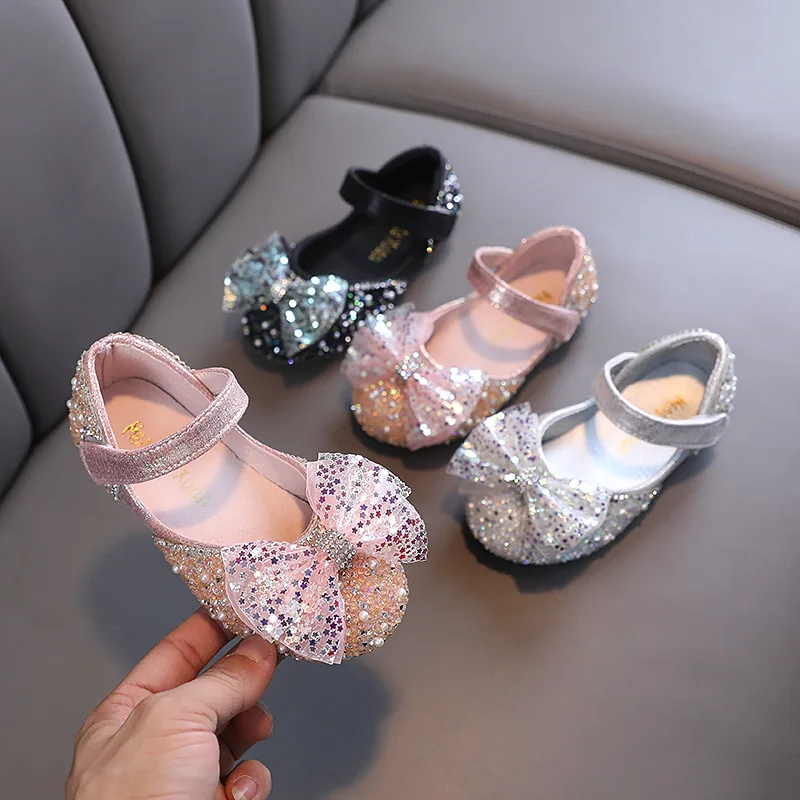 AINYFU Kids Sequins Leather Shoes Girls Glitter Bowtie Flats Dance Shoes Children's Rhinestone Princess Shoes Pink Silver Black