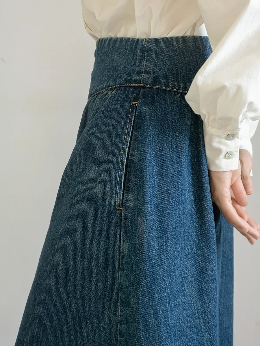 Big Swing Retro Denim Skirt Gentle A- line Skirt Umbrella Skirt Mid-Length High Waist Skirt Women's Autumn and Winter